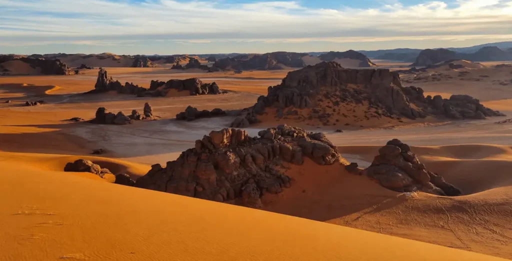 Tadrart Rouge rock formations in the Sahara Desert, Algeria