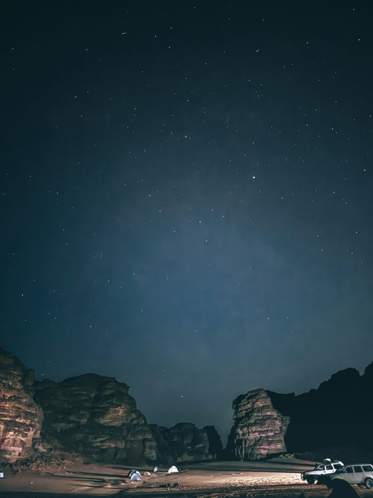 Desert camp tents under a starry night sky near Djanet, Algeria