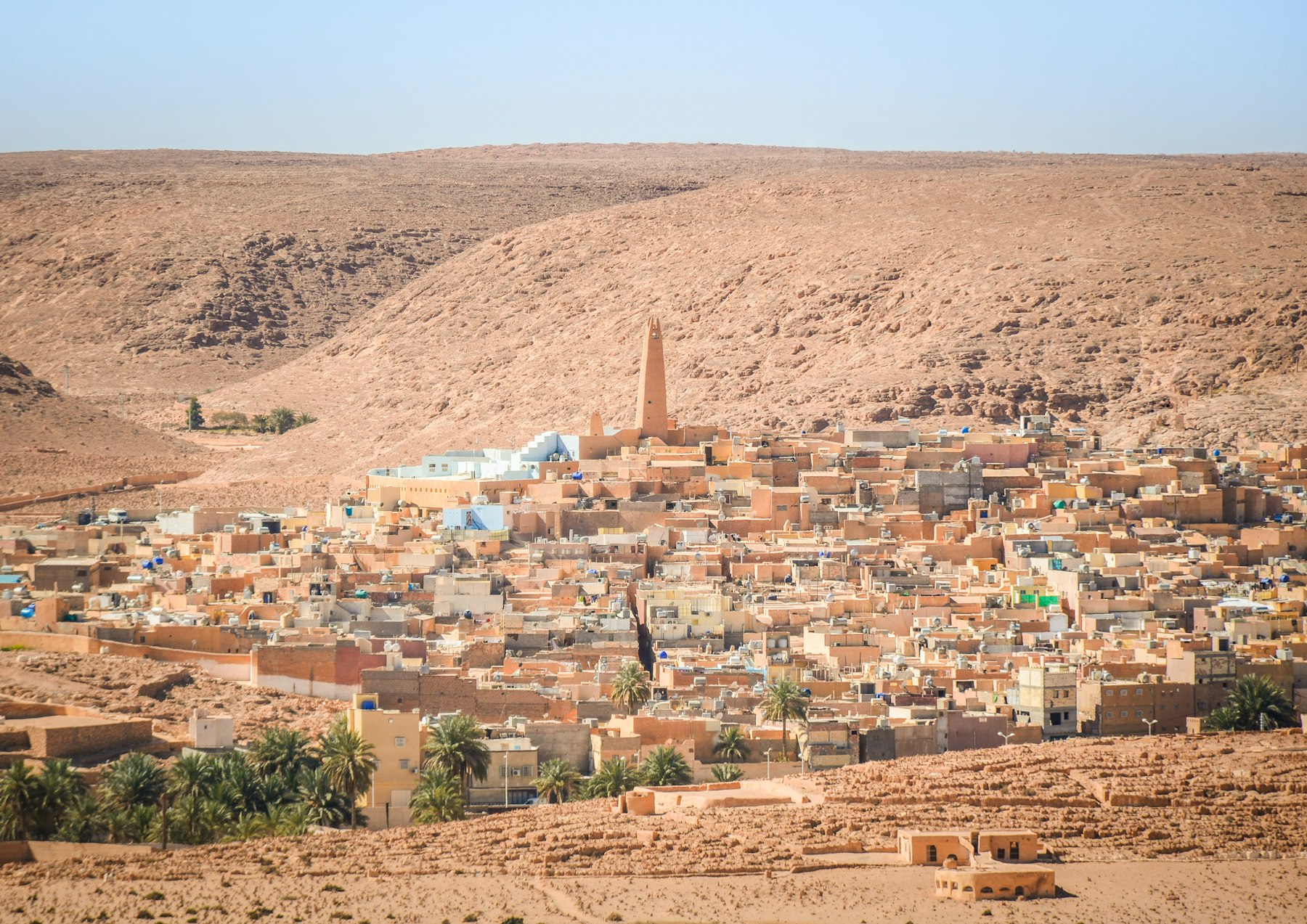 Brown and white clay houses of Ghardaia, M'Zab valley, Algeria